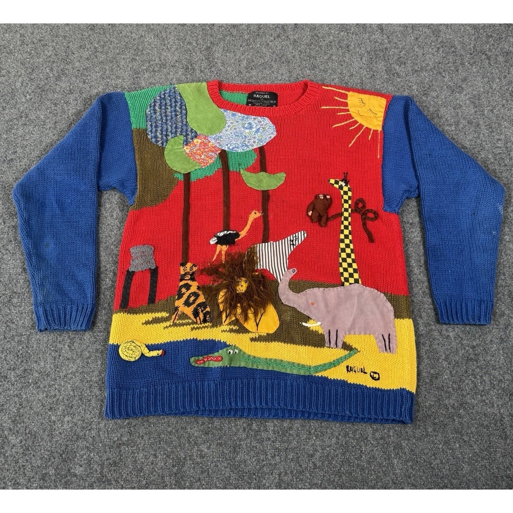 Raquel Collection Sweater Womens Medium Red Blue Jungle 3D Animal Knit Peru